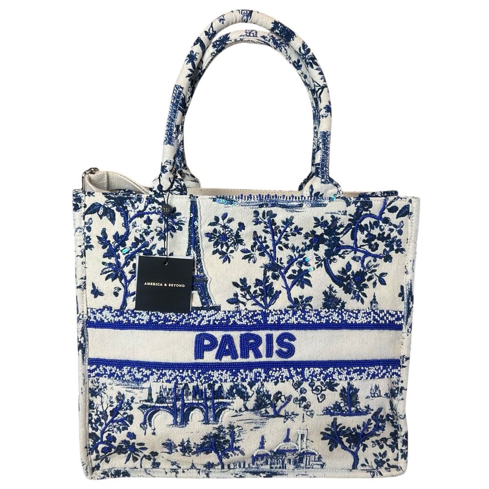 NWT America & Beyond Beaded Brocade Paris Tote Bag Blue Floral